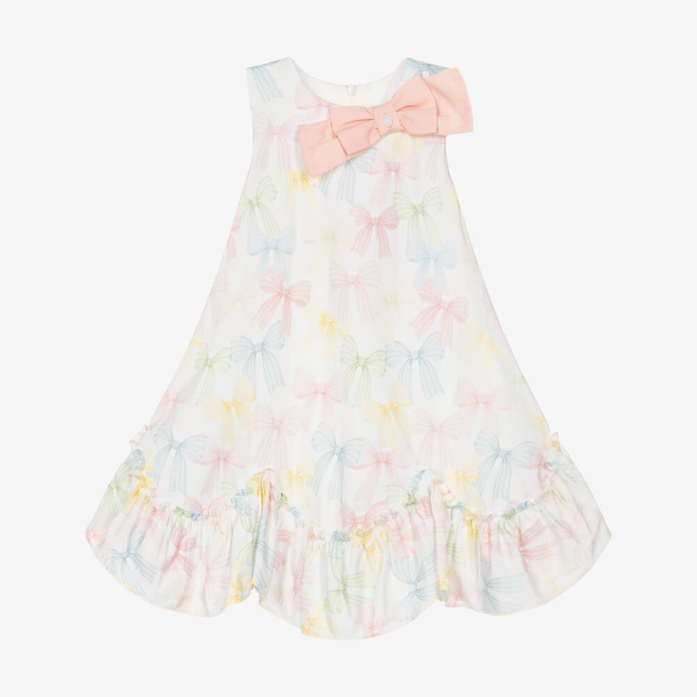Patachou-Girls Ivory Cotton Dress with Pink Bow | Childrensalon Outlet