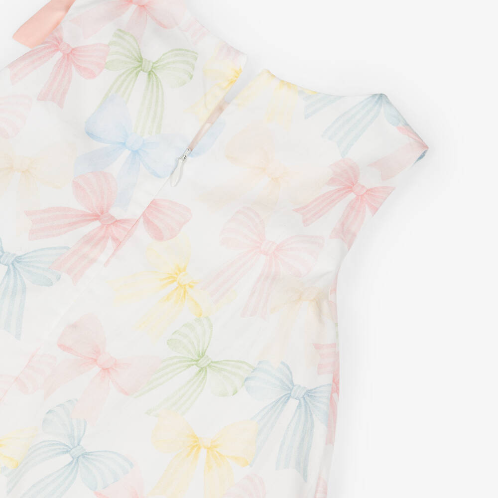Patachou-Girls Ivory Cotton Dress with Pink Bow | Childrensalon Outlet