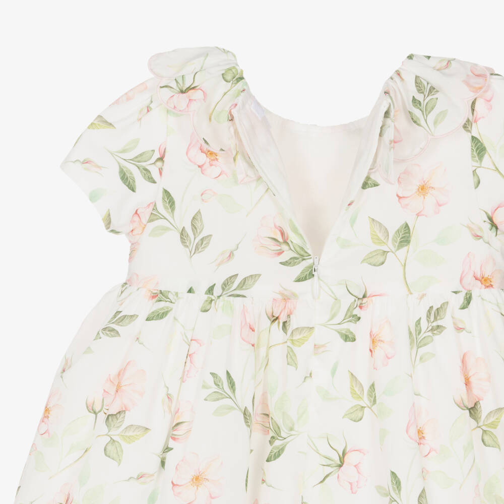 Patachou-Girls Ivory Cotton Dress with Pink & Green Liberty Print | Childrensalon Outlet