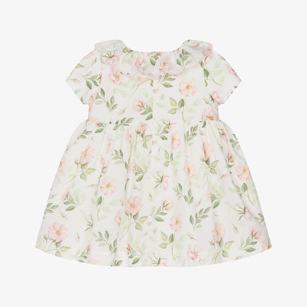 Patachou-Girls Ivory Cotton Dress with Pink & Green Liberty Print | Childrensalon Outlet