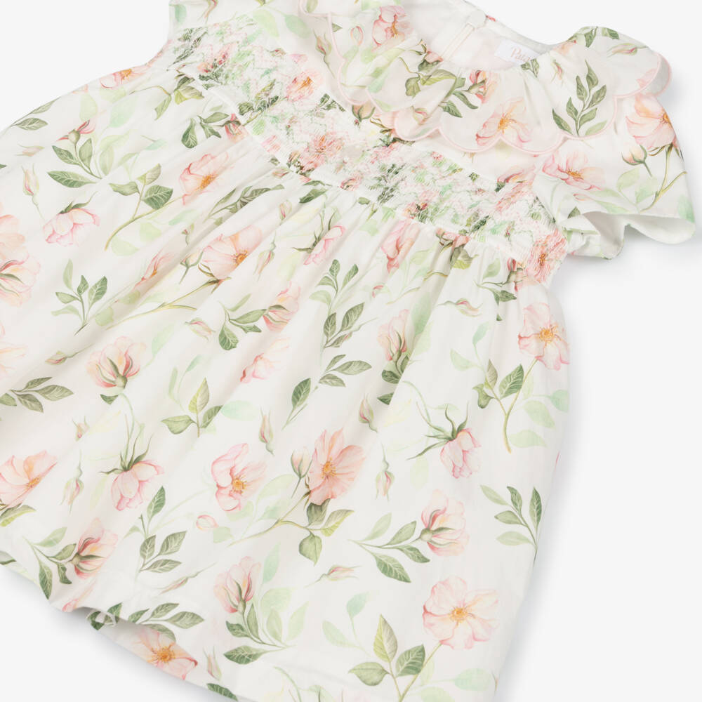 Patachou-Girls Ivory Cotton Dress with Pink & Green Liberty Print | Childrensalon Outlet