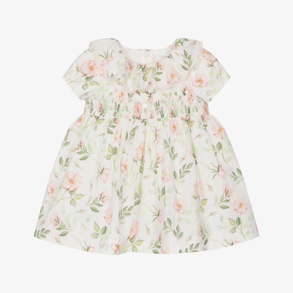 Patachou-Girls Ivory Cotton Dress with Pink & Green Liberty Print | Childrensalon Outlet