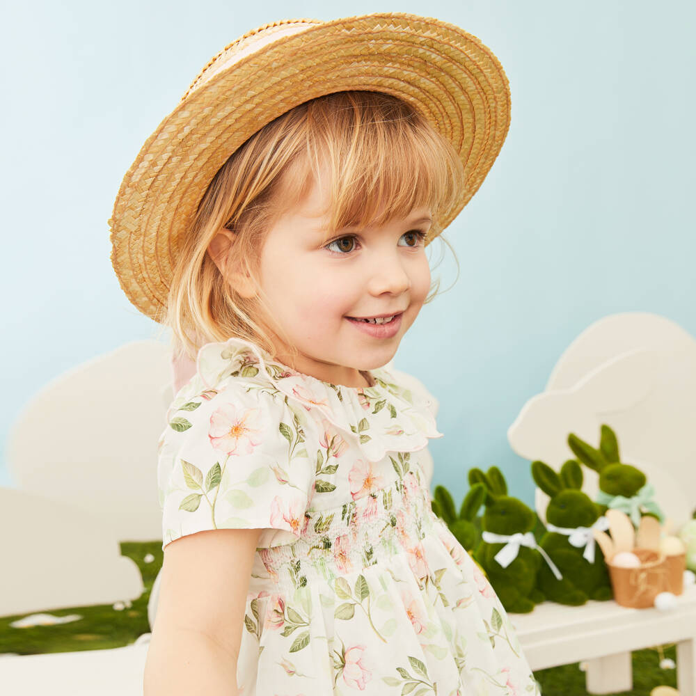 Patachou-Girls Ivory Cotton Dress with Pink & Green Liberty Print | Childrensalon Outlet