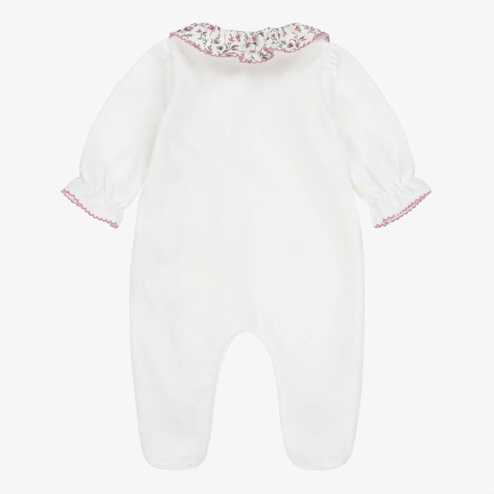 Patachou-Girls Ivory Cotton Velour & Liberty Fabric Trim Babygrow | Childrensalon Outlet