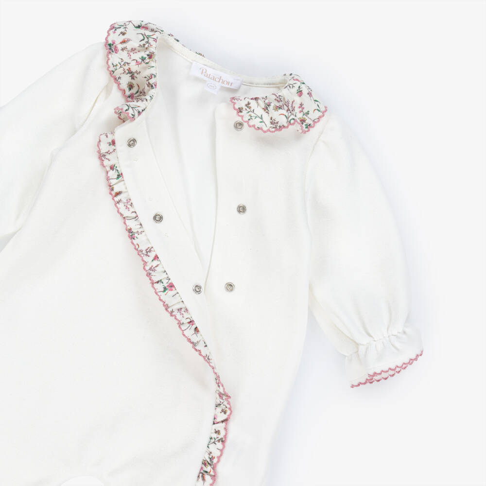 Patachou-Girls Ivory Cotton Velour & Liberty Fabric Trim Babygrow | Childrensalon Outlet