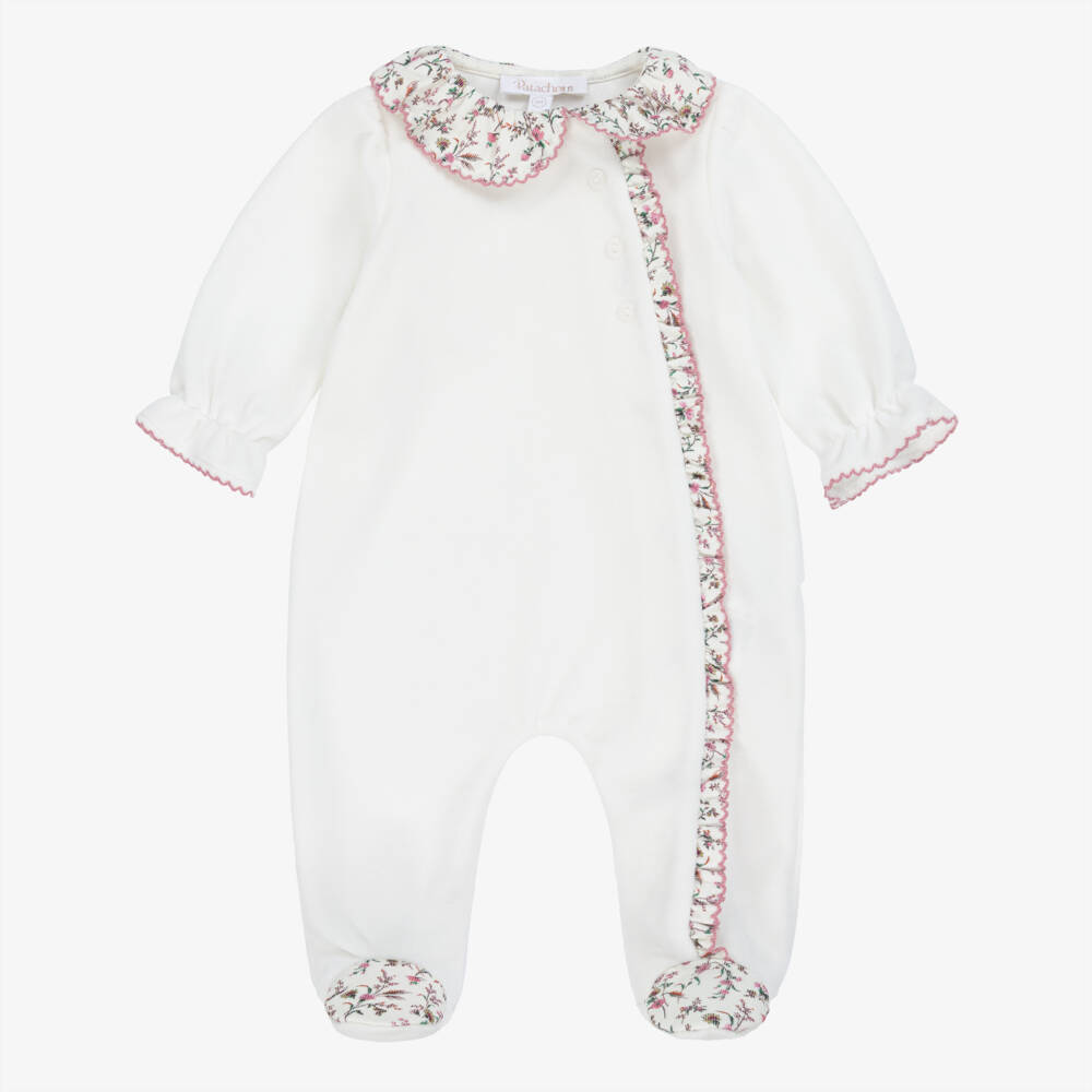 Patachou-Girls Ivory Cotton Velour & Liberty Fabric Trim Babygrow | Childrensalon Outlet