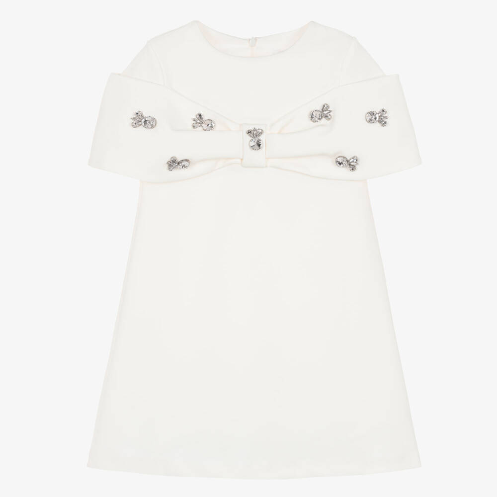 Patachou-Girls Ivory Crêpe Dress with Rhinestone Bow | Childrensalon Outlet