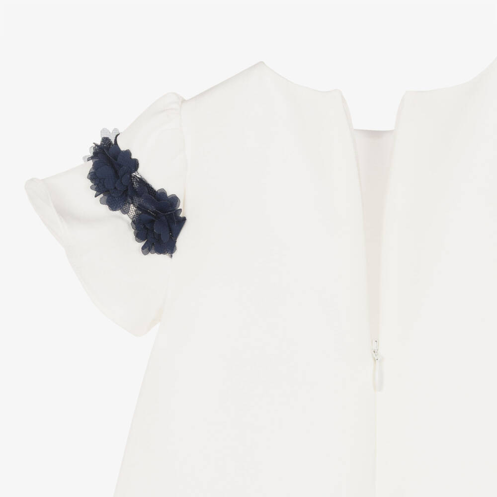 Patachou-Girls Ivory Crêpe Dress with Navy Blue Floral Trim | Childrensalon Outlet