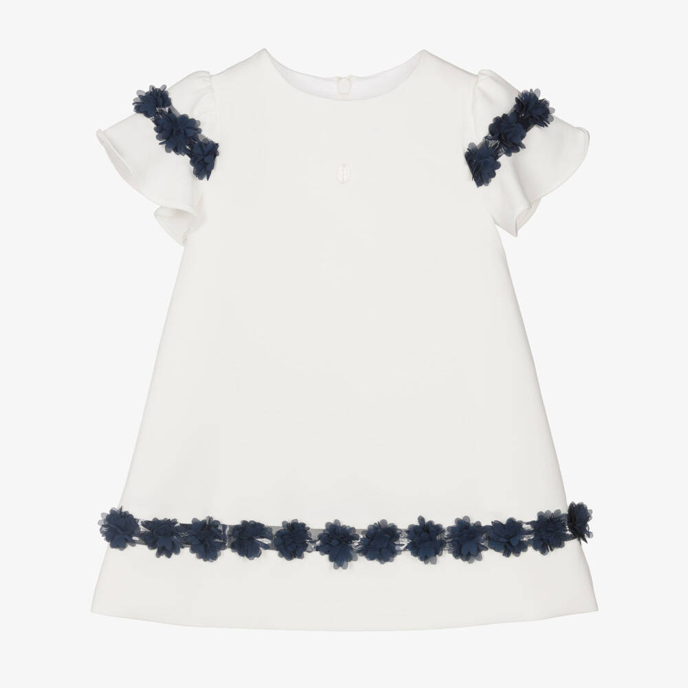 Patachou-Girls Ivory Crêpe Dress with Navy Blue Floral Trim | Childrensalon Outlet