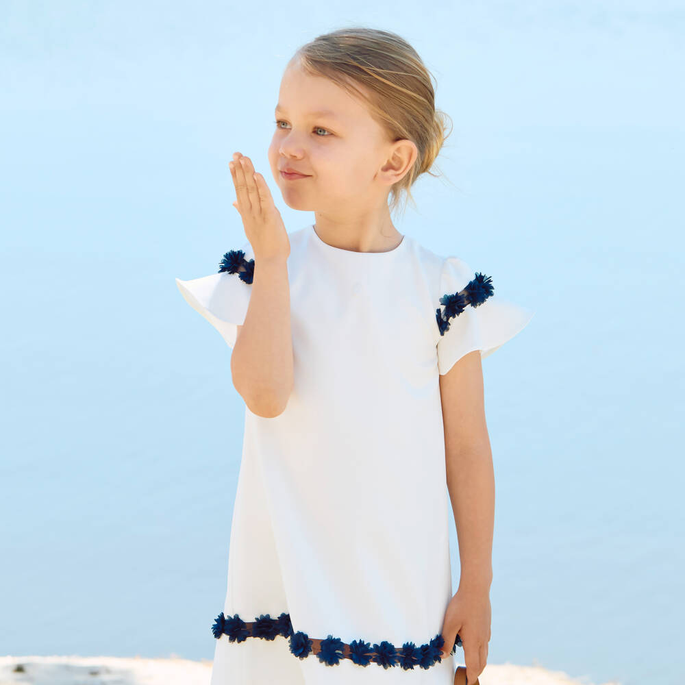 Patachou-Girls Ivory Crêpe Dress with Navy Blue Floral Trim | Childrensalon Outlet