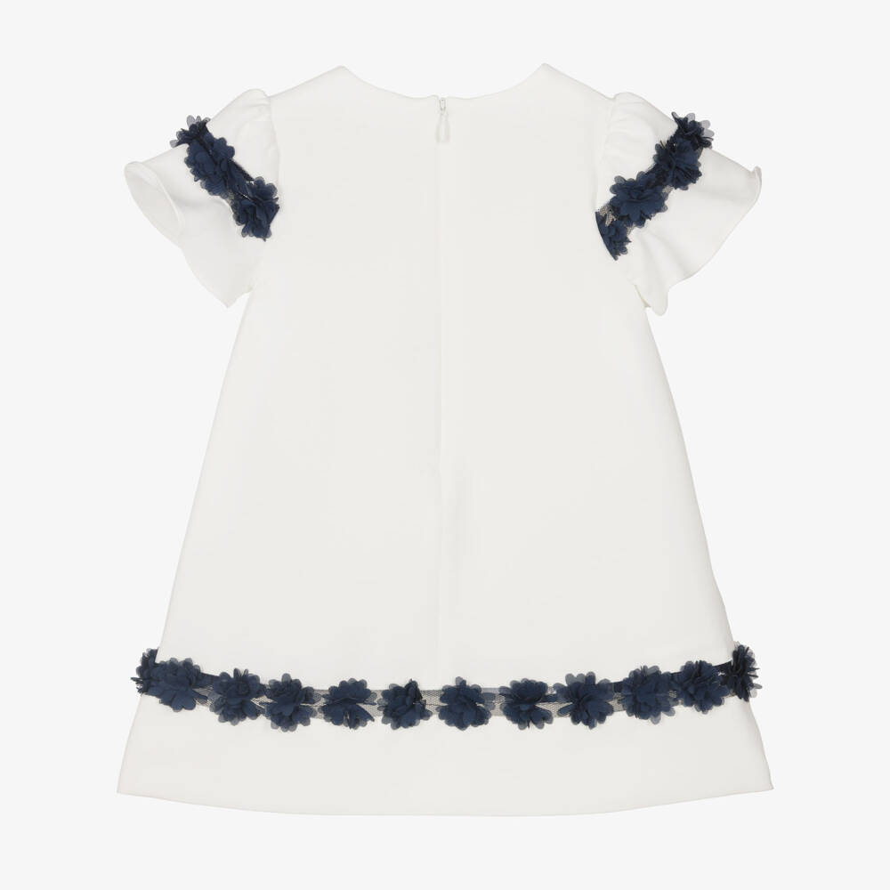 Patachou-Girls Ivory Crêpe Dress with Navy Blue Floral Trim | Childrensalon Outlet