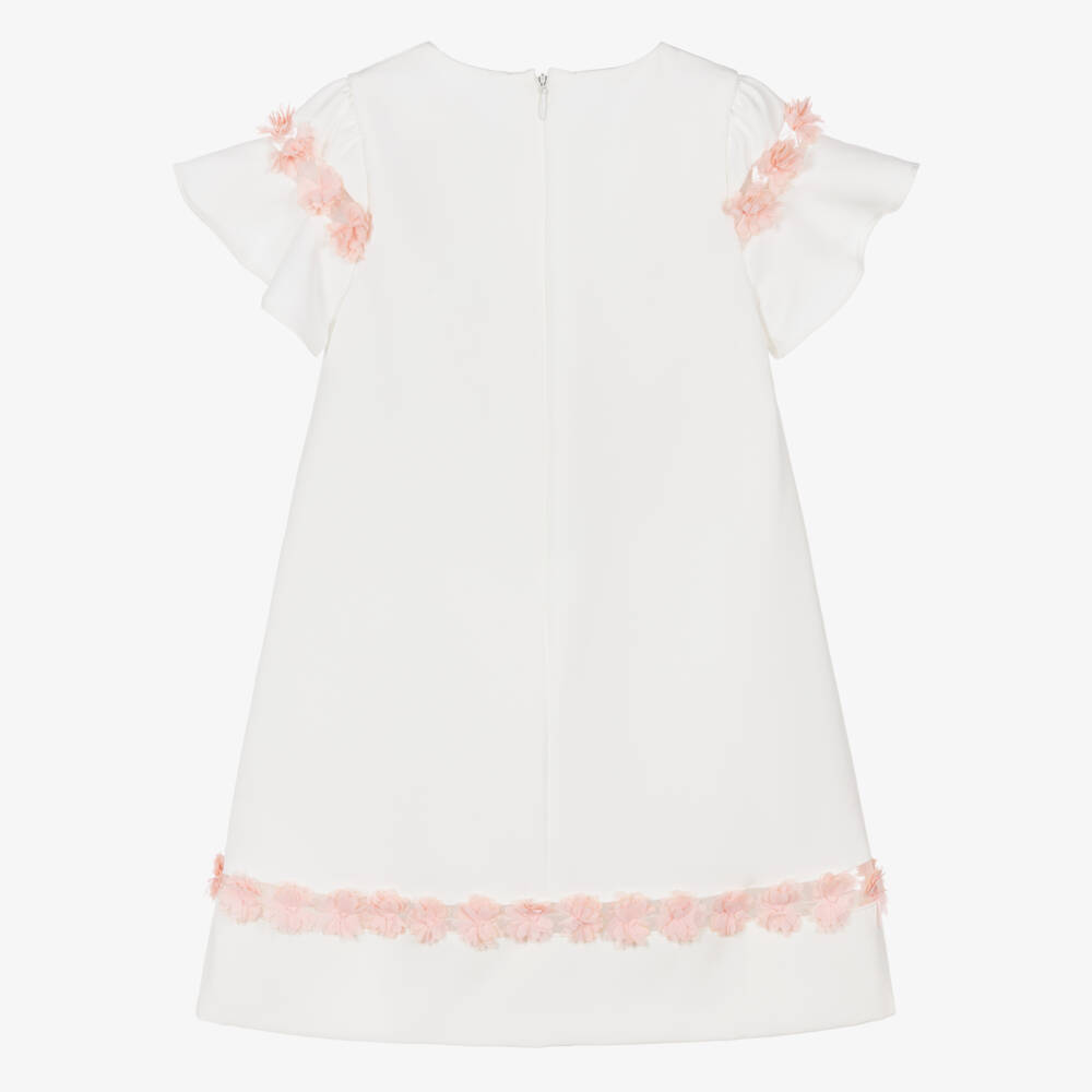Patachou-Girls Ivory Crêpe Dress with Pink Floral Tulle Trim | Childrensalon Outlet