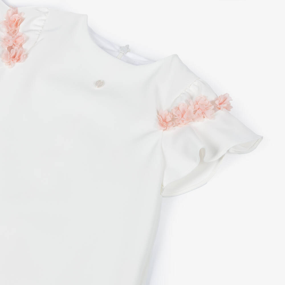 Patachou-Girls Ivory Crêpe Dress with Pink Floral Tulle Trim | Childrensalon Outlet