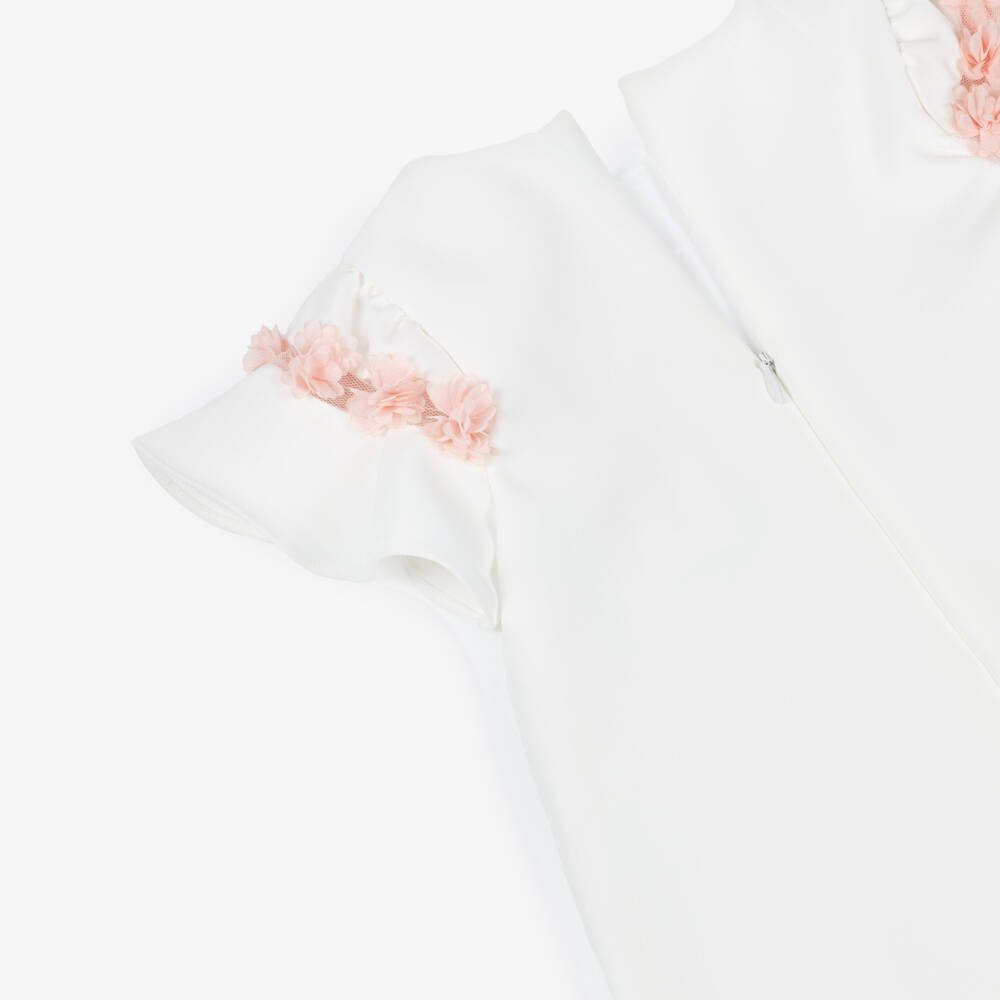 Patachou-Girls Ivory Crêpe Dress with Pink Floral Tulle Trim | Childrensalon Outlet