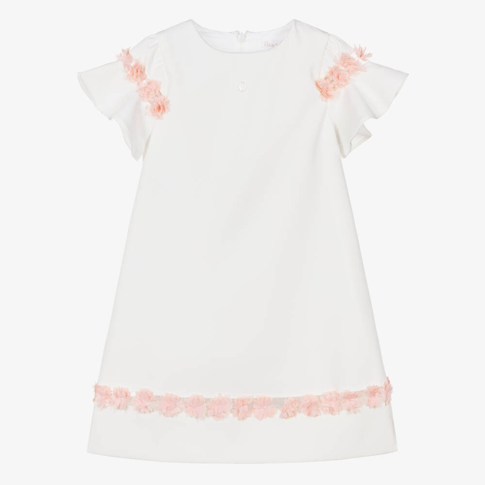 Patachou-Girls Ivory Crêpe Dress with Pink Floral Tulle Trim | Childrensalon Outlet