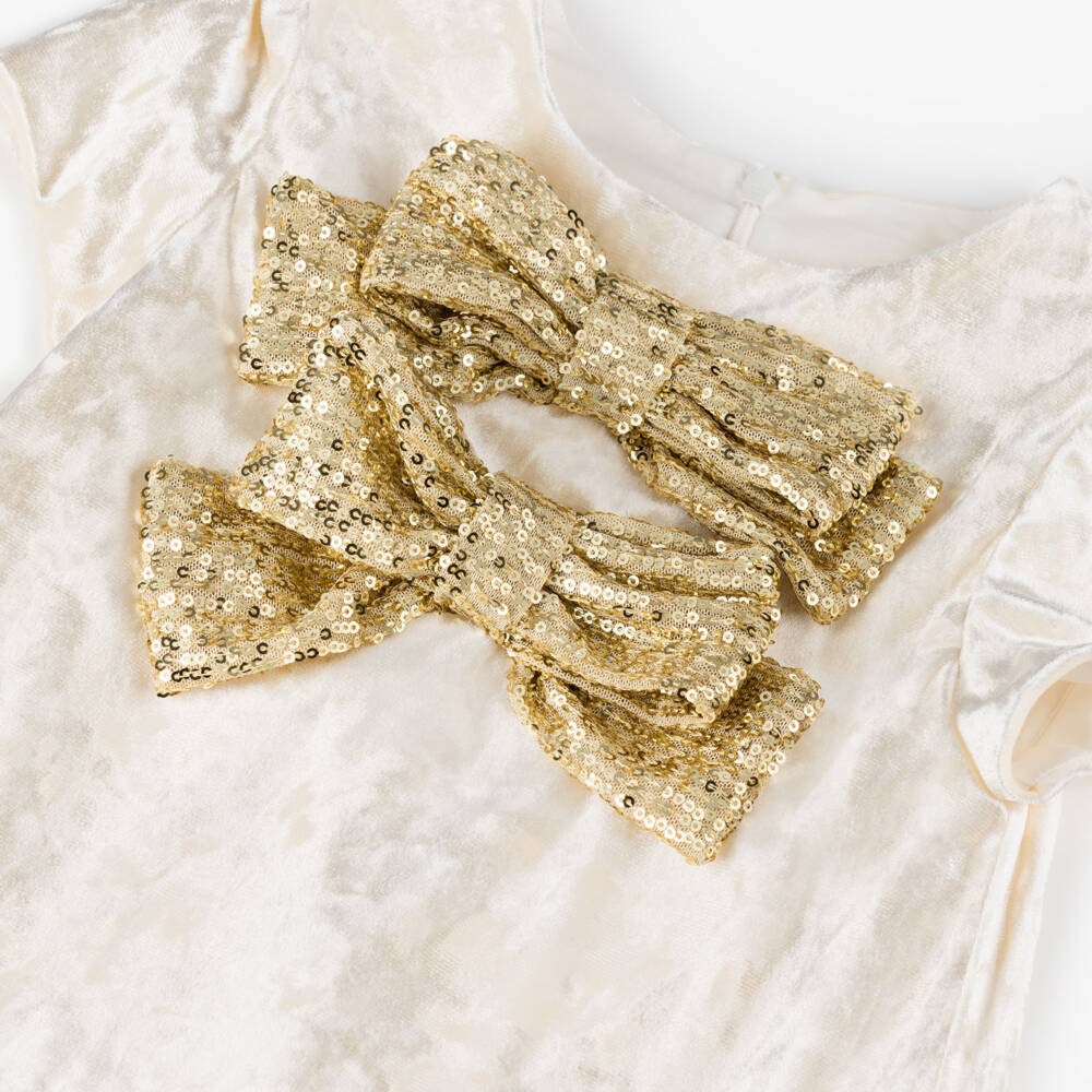 Patachou-فستان مخملي عاجي للبنات مع فيونكات ذهبية | Childrensalon Outlet