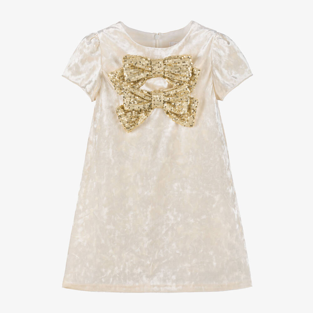 Patachou-فستان مخملي عاجي للبنات مع فيونكات ذهبية | Childrensalon Outlet