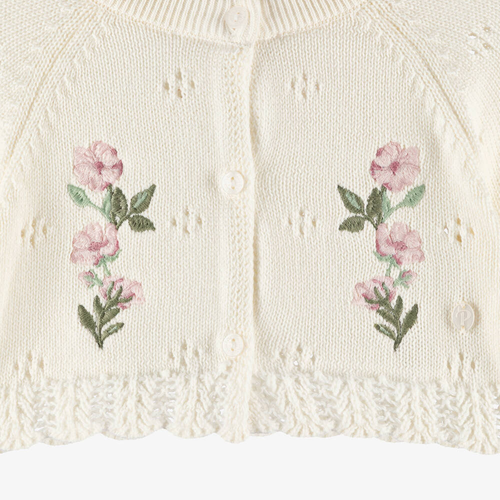 Patachou-Girls Ivory Embroidered Floral Cotton Cardigan | Childrensalon Outlet