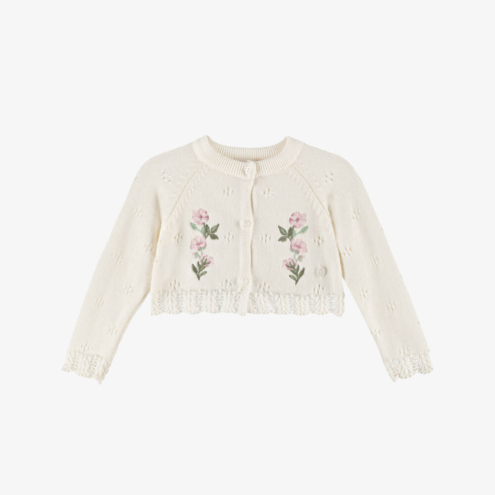 Patachou-Girls Ivory Embroidered Floral Cotton Cardigan | Childrensalon Outlet