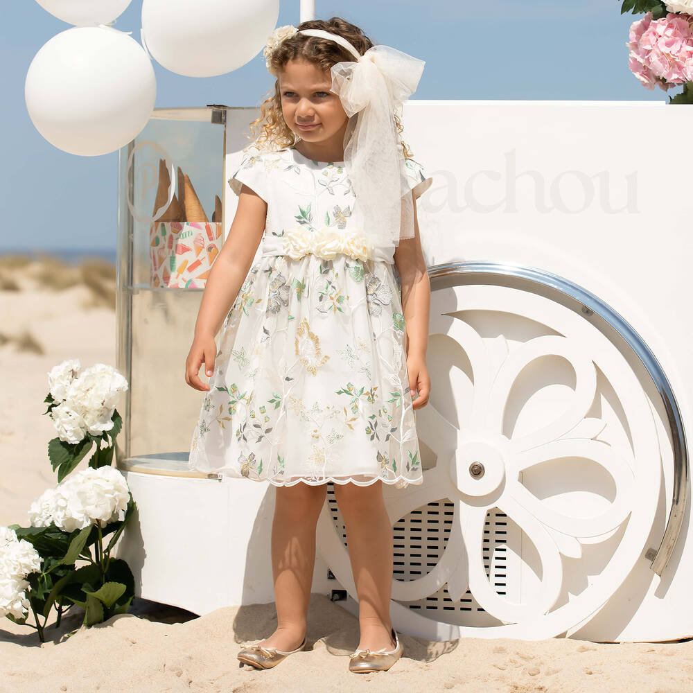 باتاشو-فستان أطفال بناتي تول لون عاجي مطرز بورود | Childrensalon Outlet