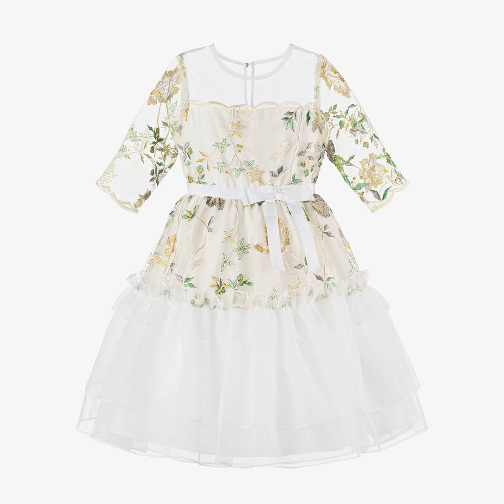 Patachou-Кремовое платье из шифона и тюля с вышивкой | Childrensalon Outlet