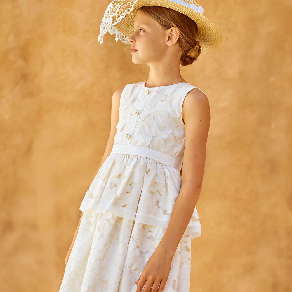 Patachou-Girls Ivory Floral Cutwork Cotton Dress | Childrensalon Outlet