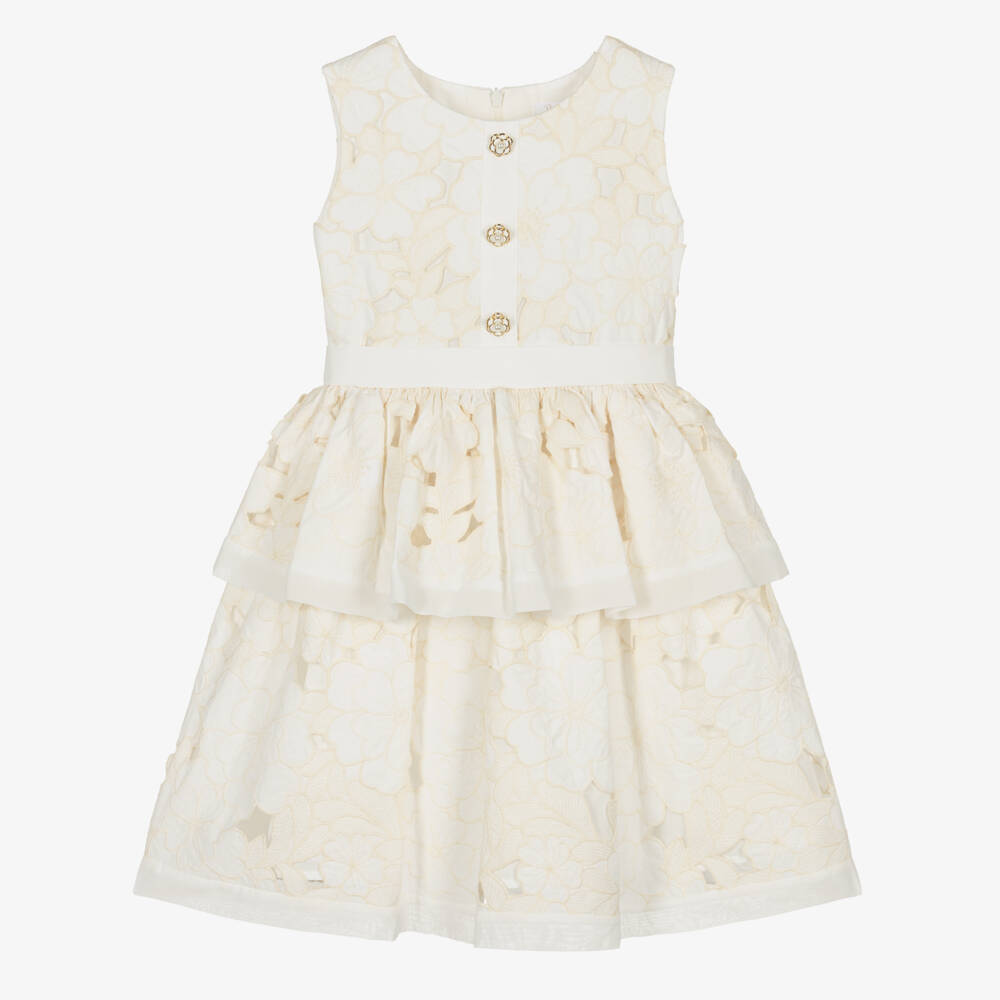 Patachou-Girls Ivory Floral Cutwork Cotton Dress | Childrensalon Outlet