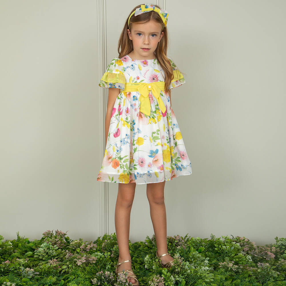 Patachou-فستان أطفال بناتي شيفون لون عاجي بطبعة ورود | Childrensalon Outlet