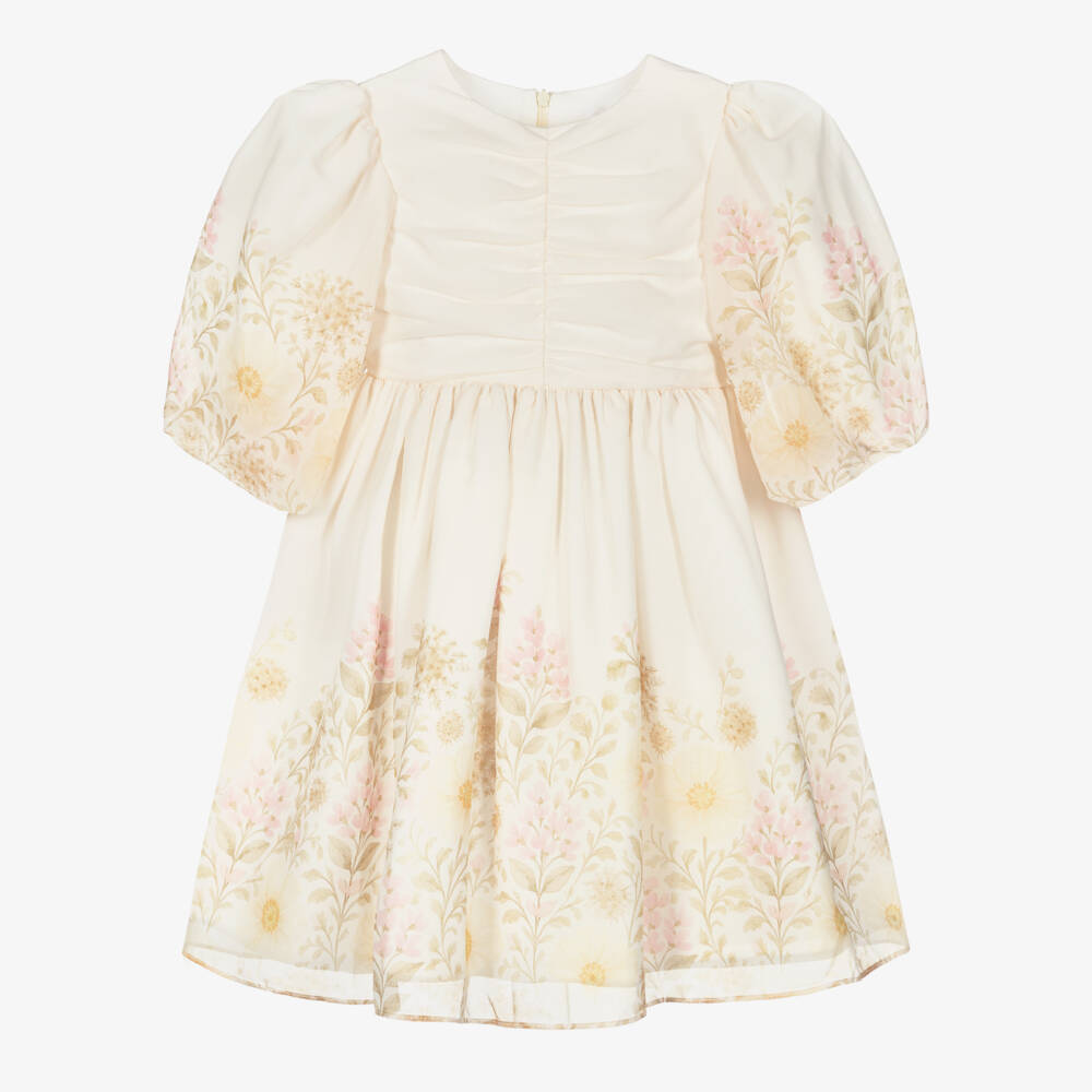 Patachou-Girls Ivory Floral Print Chiffon Dress | Childrensalon Outlet