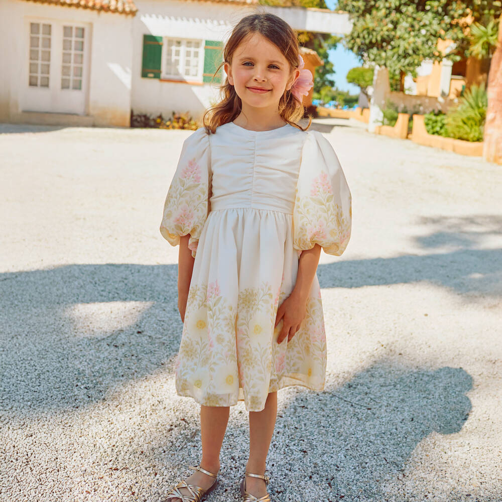 Patachou-Girls Ivory Floral Print Chiffon Dress | Childrensalon Outlet