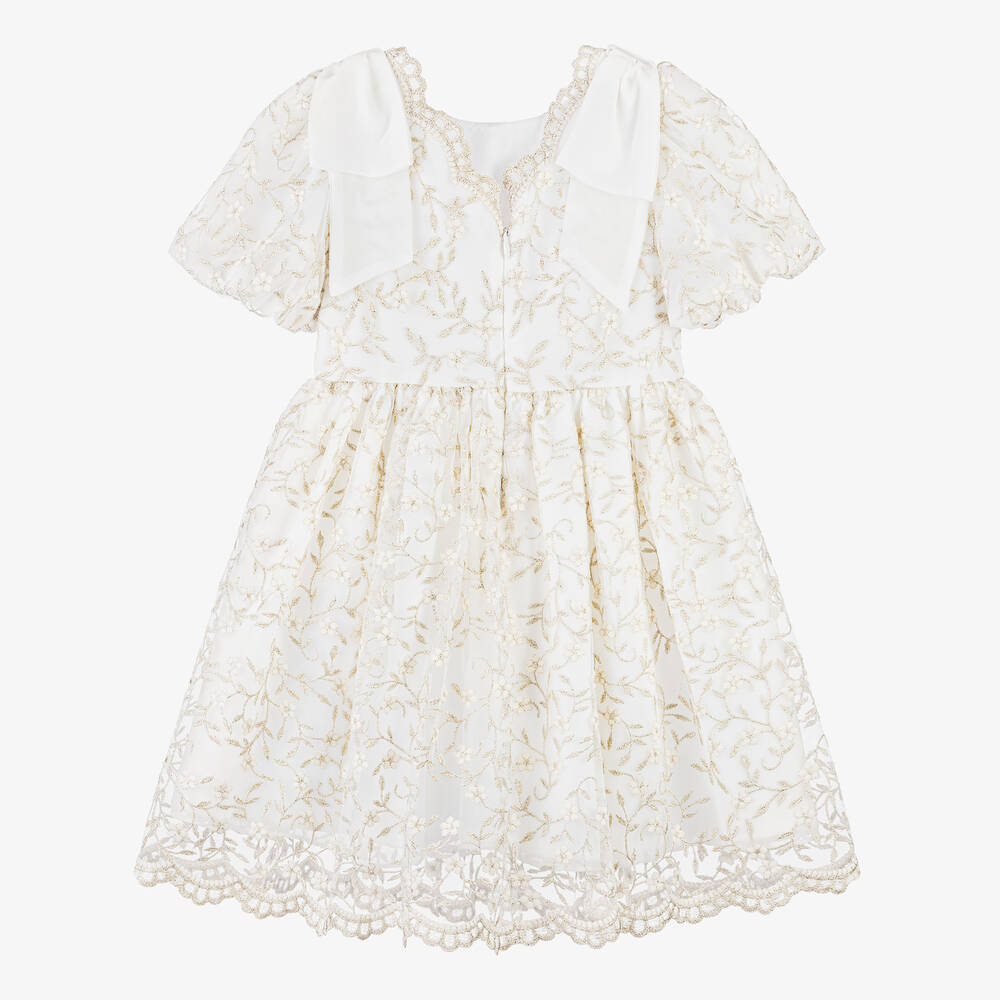 Patachou-Girls Ivory & Gold Embroidered Tulle Dress | Childrensalon Outlet