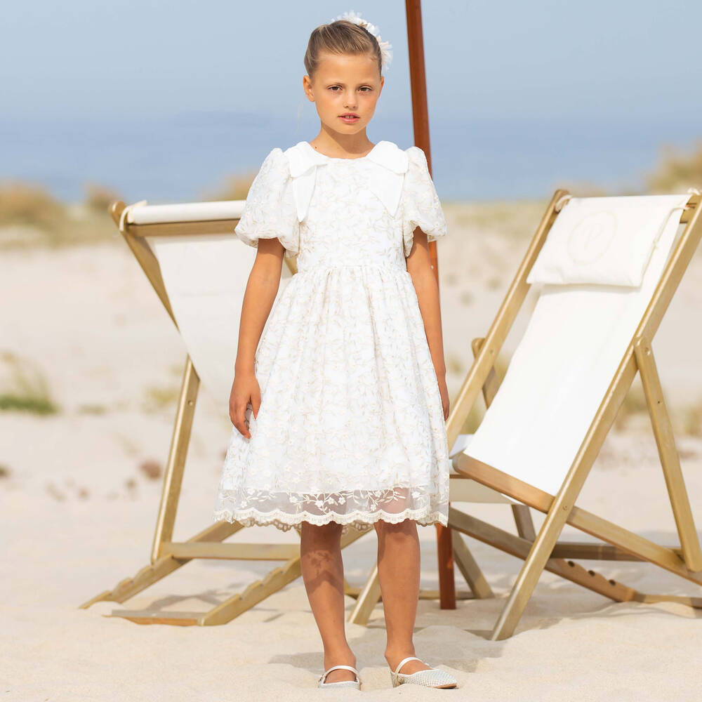 Patachou-Girls Ivory & Gold Embroidered Tulle Dress | Childrensalon Outlet