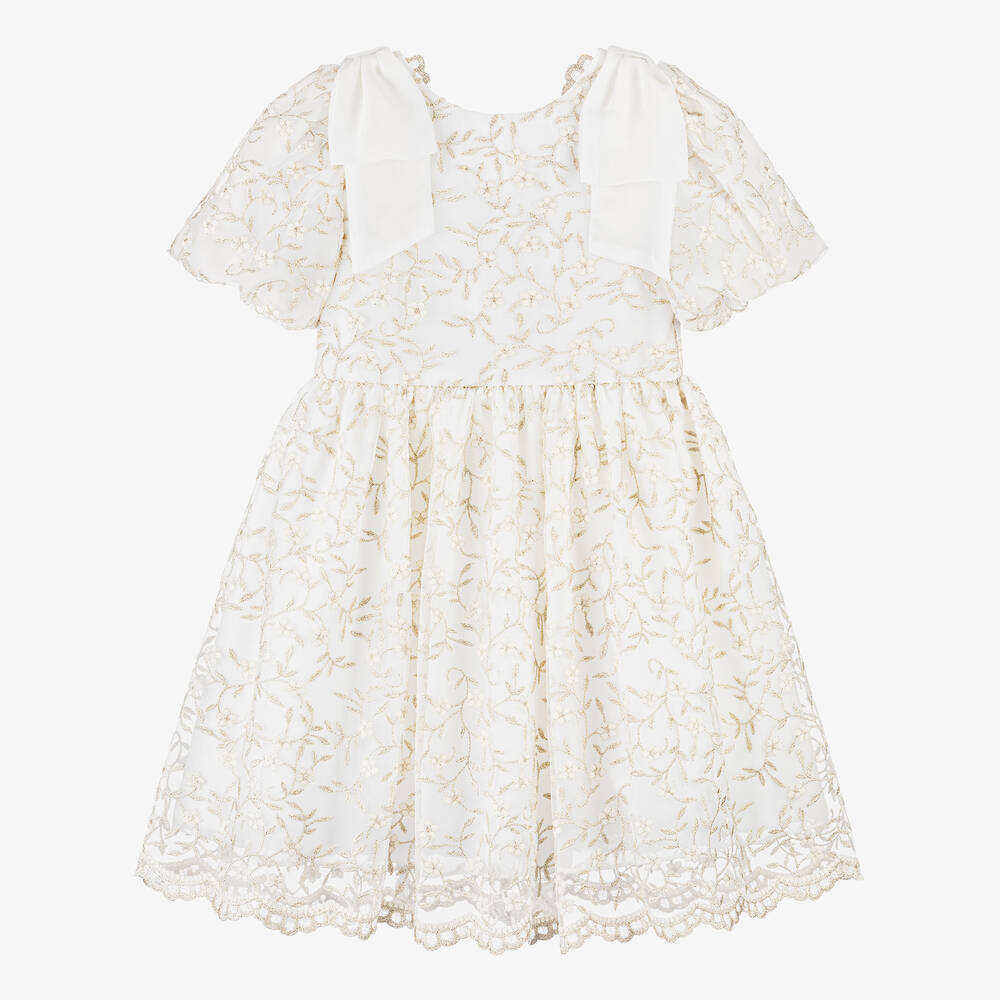 Patachou-Girls Ivory & Gold Embroidered Tulle Dress | Childrensalon Outlet