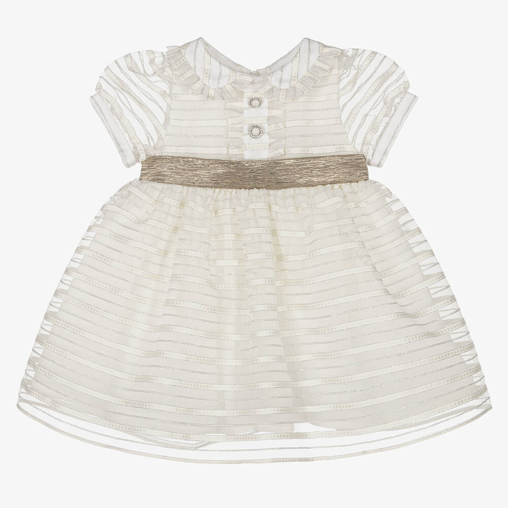 Patachou - Girls Ivory & Gold Organza Stripe Dress | Childrensalon