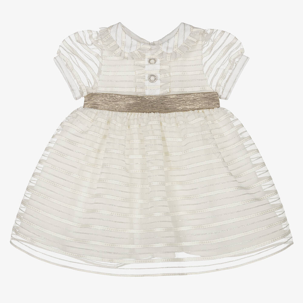Patachou-Girls Ivory & Gold Organza Stripe Dress | Childrensalon Outlet
