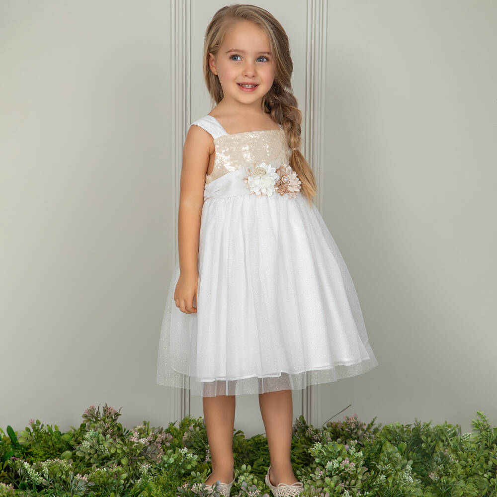 Patachou-Girls Ivory & Gold Sequin Tulle Dress | Childrensalon Outlet