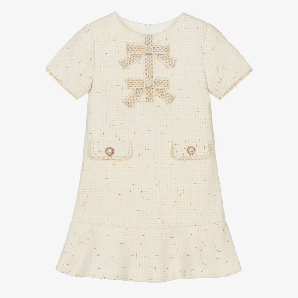 Patachou-Girls Ivory & Gold Tweed Bow Dress | Childrensalon Outlet