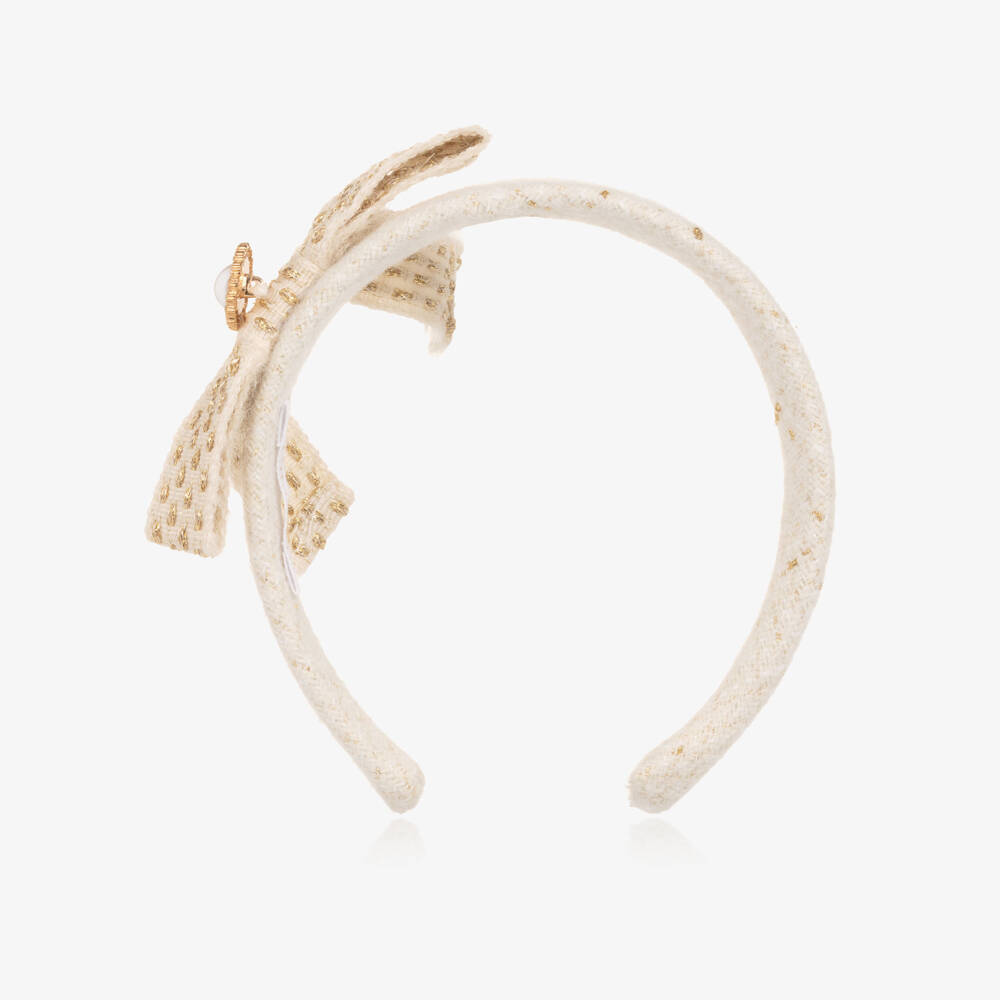 Patachou-Girls Ivory & Gold Tweed Bow Hairband | Childrensalon Outlet