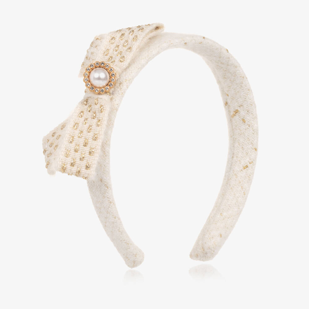 Patachou-Girls Ivory & Gold Tweed Bow Hairband | Childrensalon Outlet