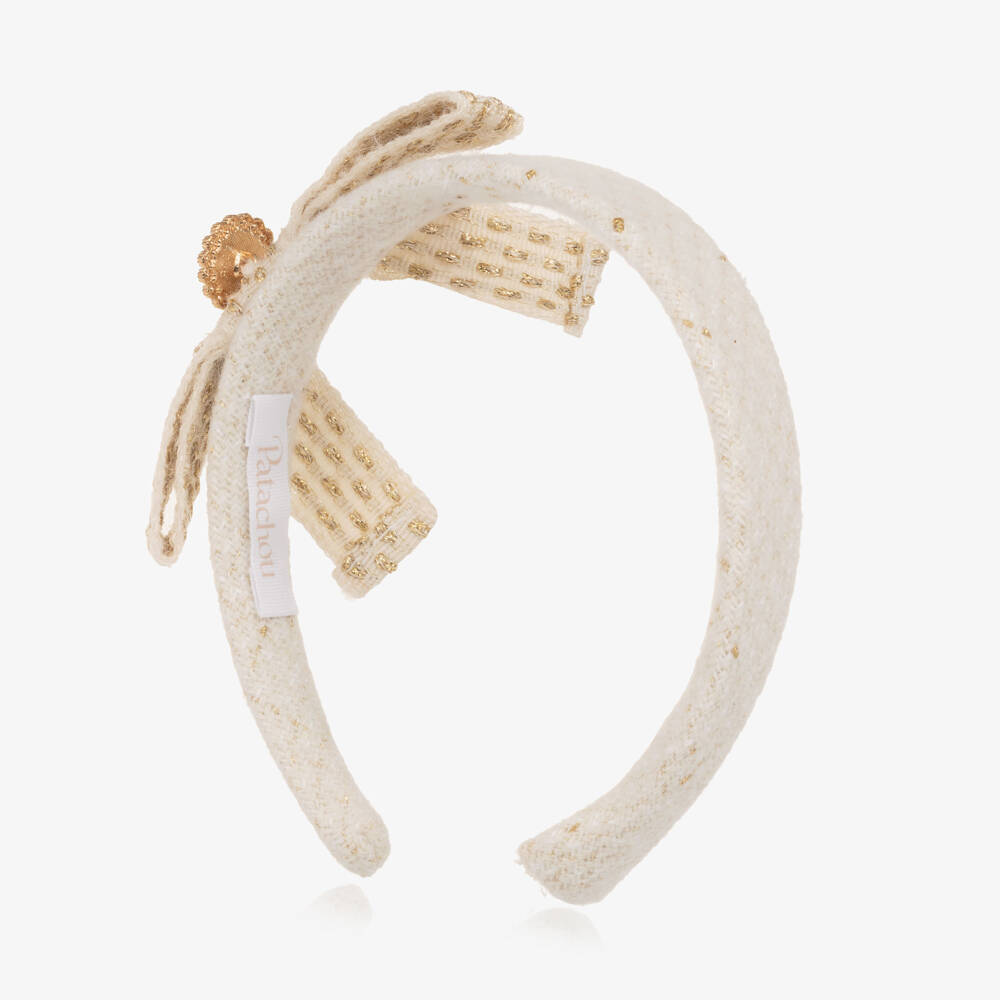 Patachou-Girls Ivory & Gold Tweed Bow Hairband | Childrensalon Outlet
