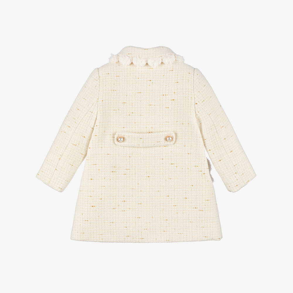 Patachou-Girls Ivory & Gold Tweed Coat with Faux Fur Trims | Childrensalon Outlet