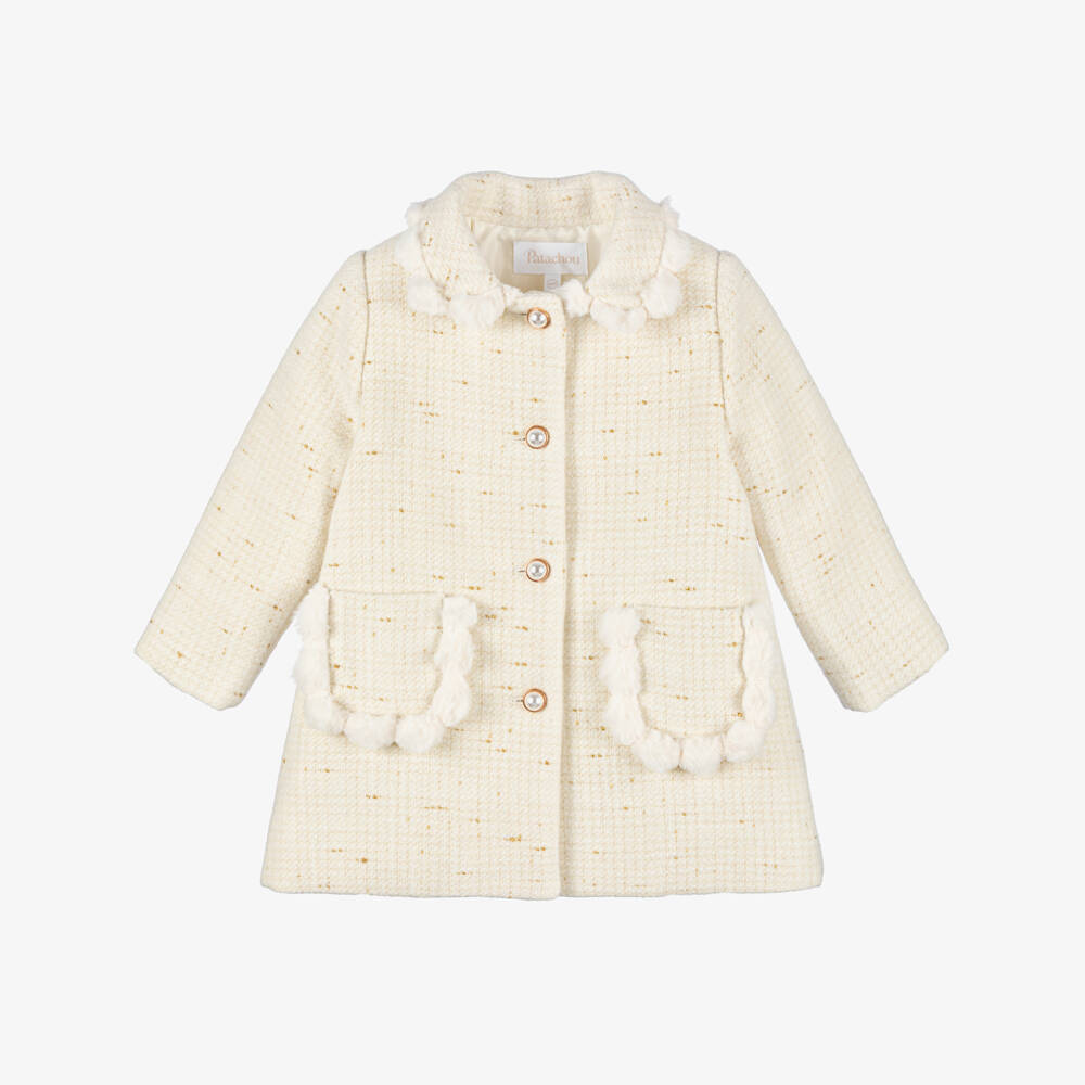 Patachou-Girls Ivory & Gold Tweed Coat with Faux Fur Trims | Childrensalon Outlet