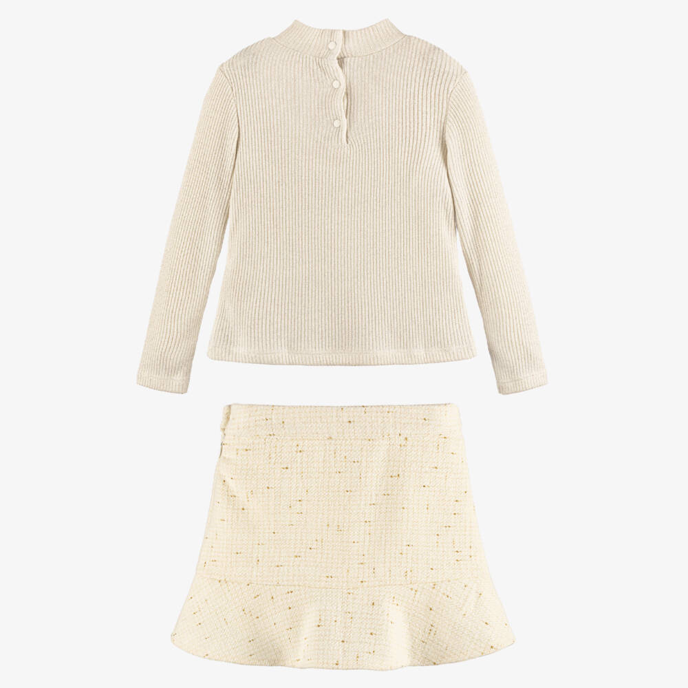 Patachou-Girls Ivory & Gold Tweed Skirt Set | Childrensalon Outlet