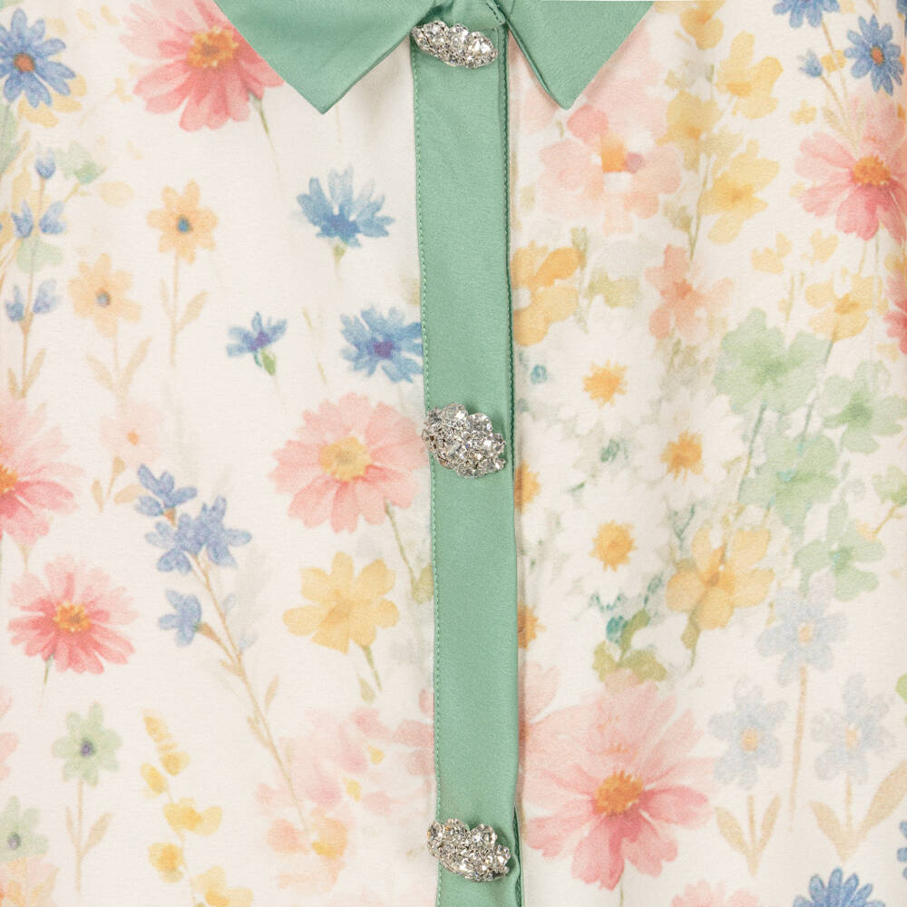 Patachou-Girls Ivory & Green Satin Trouser Set with Floral Print | Childrensalon Outlet