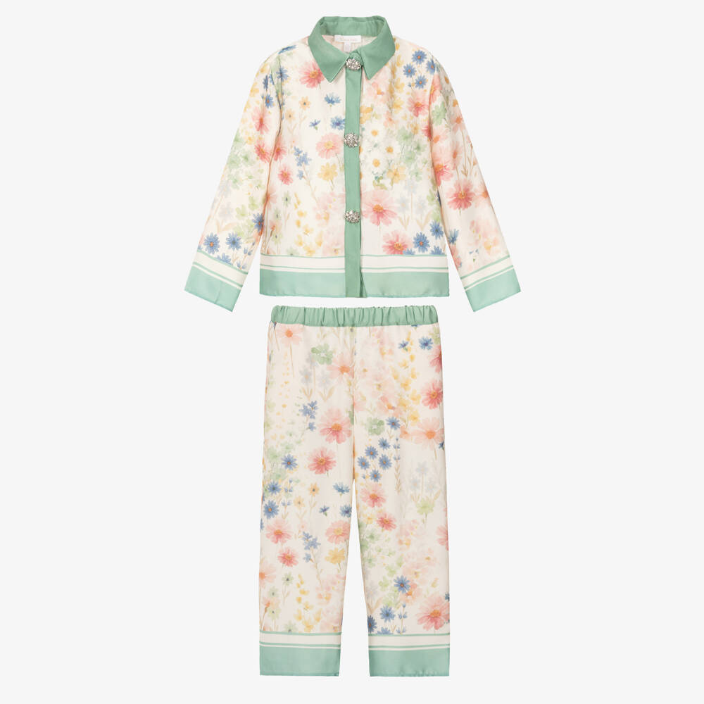 Patachou-Girls Ivory & Green Satin Trouser Set with Floral Print | Childrensalon Outlet