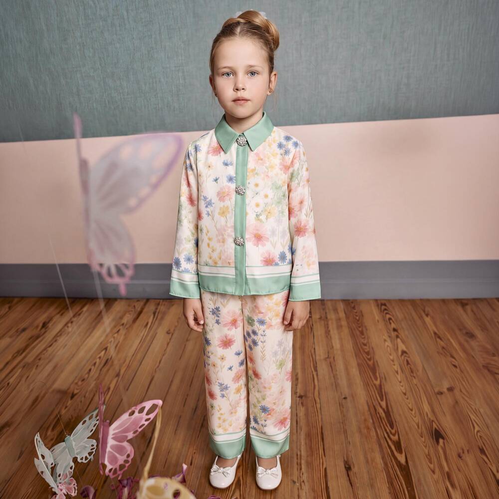 Patachou-Girls Ivory & Green Satin Trouser Set with Floral Print | Childrensalon Outlet