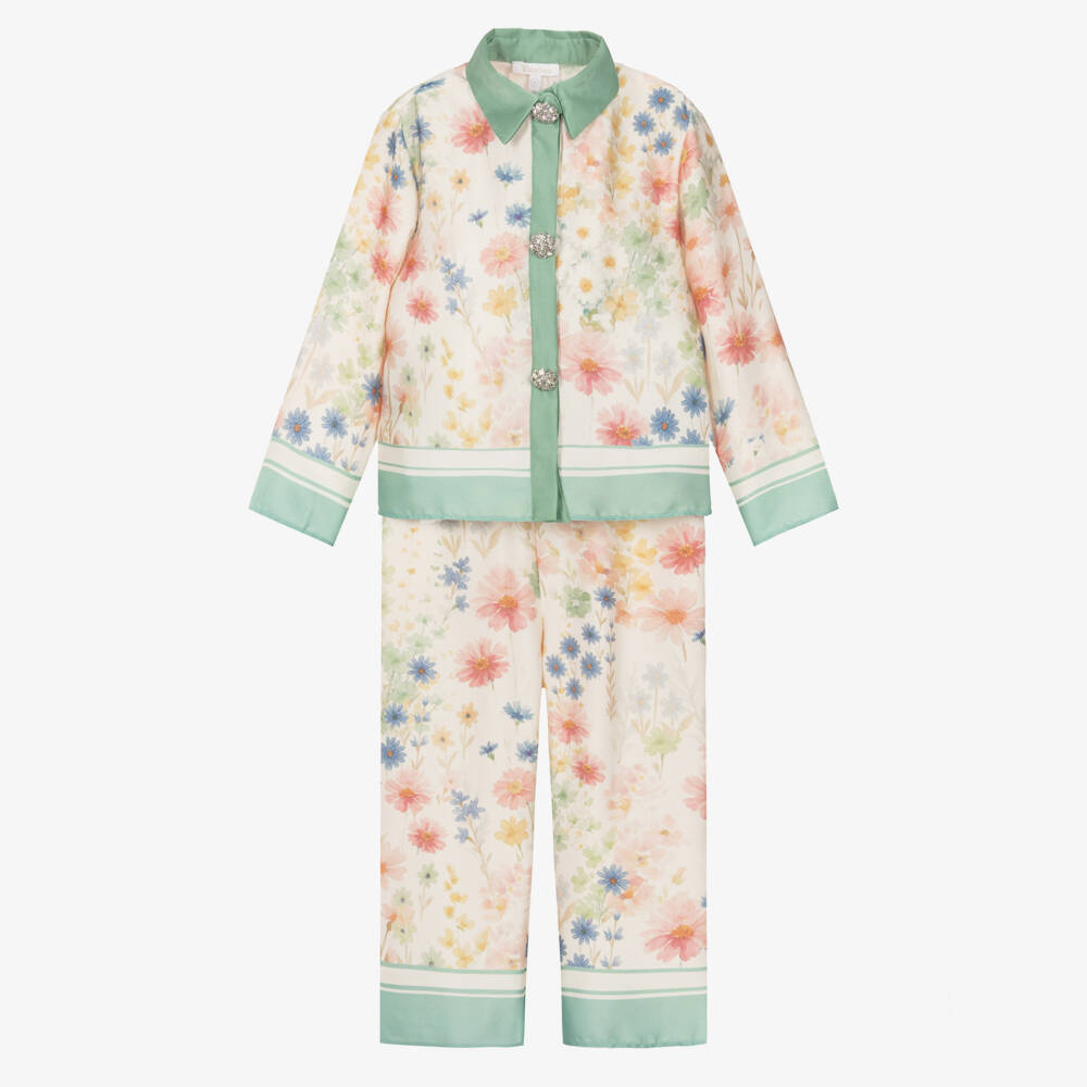 Patachou-Girls Ivory & Green Satin Trouser Set with Floral Print | Childrensalon Outlet