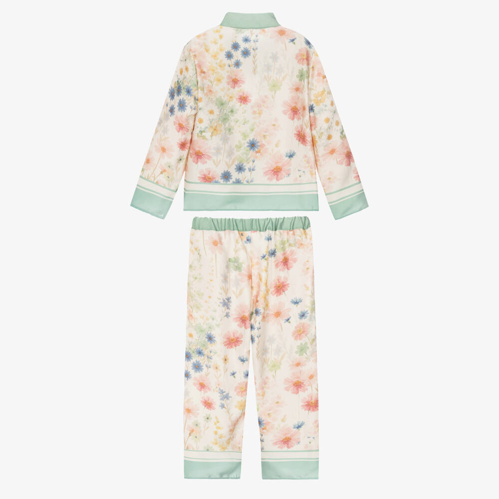 Patachou-Girls Ivory & Green Satin Trouser Set with Floral Print | Childrensalon Outlet
