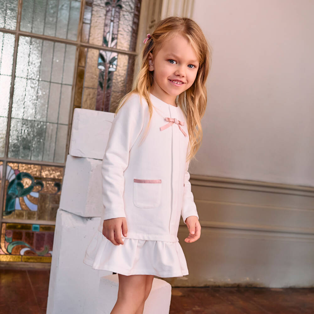 Patachou-Girls Ivory Jersey Dress with Pink Bow | Childrensalon Outlet