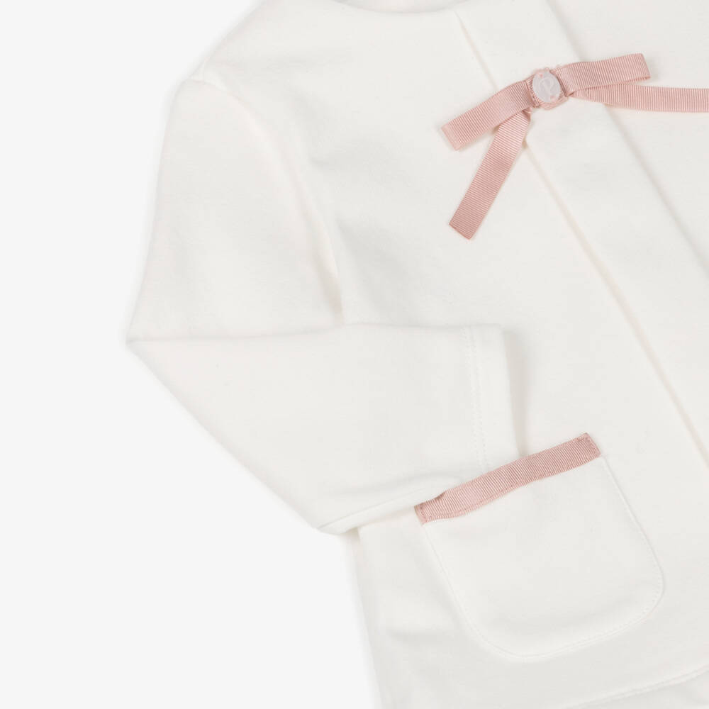 Patachou-Girls Ivory Jersey Dress with Pink Bow | Childrensalon Outlet